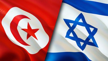 Tunus ve İsrail bayrakları. 3 boyutlu dalgalanan bayrak tasarımı. Tunus İsrail bayrağı, resim, duvar kağıdı. Tunus, İsrail imajına karşı, 3D görüntüleme. Tunus İsrail ilişkileri ittifak ve ticaret, seyahat, turizm konsepti