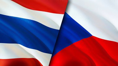 Tayland ve Çek bayrakları. 3 boyutlu dalgalanan bayrak tasarımı. Tayland Çek bayrağı, resim, duvar kağıdı. Tayland, Çek imajına karşı, 3 boyutlu görüntüleme. Tayland Çek İlişkileri İttifak ve Ticaret, Seyahat, Turizm Konsepti