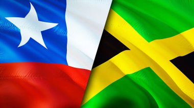 Şili ve Jamaika bayrakları. 3 boyutlu dalgalanan bayrak tasarımı. Şili Jamaika bayrağı, resim, duvar kağıdı. Şili, Jamaika 'ya karşı. Görüntü 3 boyutlu. Şili Jamaika ilişkileri ittifak ve ticaret, seyahat, turizm konsepti