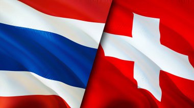 Tayland ve İsviçre bayrakları. 3 boyutlu dalgalanan bayrak tasarımı. Tayland ve İsviçre bayrağı, resim, duvar kağıdı. Tayland, İsviçre 'ye karşı, görüntü 3 boyutlu. Tayland ve İsviçre ilişkileri