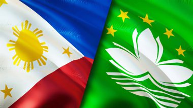 Filipinler ve Macau bayrakları. 3 boyutlu dalgalanan bayrak tasarımı. Filipinler Macau bayrağı, resim, duvar kağıdı. Filipinler, Macau imajına karşı, 3 boyutlu canlandırma. Filipinler Macau ilişkileri ittifak ve ticaret, seyahat, turnuva