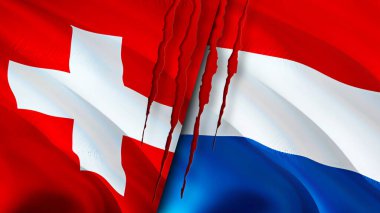 Yara izi olan İsviçre ve Hollanda bayrakları. Dalgalanan bayrak, 3 boyutlu görüntüleme. İsviçre ve Hollanda ihtilaf kavramı. İsviçre Hollanda ilişkileri kavramı. İsviçre bayrağı ve