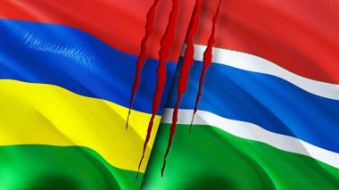 Mauritius ve Gambiya bayrakları yara izi konseptiyle. Dalgalanan bayrak, 3 boyutlu görüntüleme. Mauritius ve Gambiya çatışma konsepti. Mauritius Gambia ilişkileri kavramı. Mauritius ve Gambiya krizi bayrağı, savaş, attac