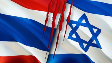 Yara izi olan Tayland ve İsrail bayrakları. Dalgalanan bayrak, 3 boyutlu görüntüleme. Tayland ve İsrail çatışma konsepti. Tayland ve İsrail ilişkileri kavramı. Tayland bayrağı ve İsrail krizi, savaş, saldırı konsepti