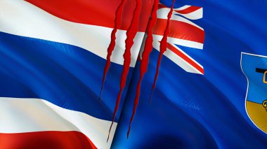 Yara izi olan Tayland ve Montserrat bayrakları. Dalgalanan bayrak, 3 boyutlu görüntüleme. Tayland ve Montserrat çatışma konsepti. Tayland ve Montserrat ilişkileri kavramı. Tayland ve Montserra bayrağı