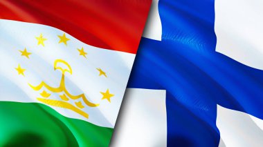 Tacikistan ve Finlandiya bayrakları. 3 boyutlu dalgalanan bayrak tasarımı. Tacikistan Finlandiya bayrağı, resim, duvar kağıdı. Tacikistan, Finlandiya 'ya karşı imaj, 3D canlandırma. Tacikistan ile Finlandiya arasındaki ittifak