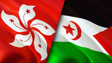 Hong Kong ve Batı Sahra bayrakları. 3 boyutlu dalgalanan bayrak tasarımı. Hong Kong Batı Sahra bayrağı, resim, duvar kağıdı. Hong Kong, Batı Sahra 'ya karşı, görüntü 3D. Hong Kong Batı Sahra ilişkisi