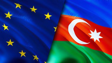 Avrupa Birliği ve Azerbaycan bayrakları. 3 boyutlu dalgalanan bayrak tasarımı. Avrupa Birliği Azerbaycan bayrağı, resim, duvar kağıdı. Avrupa Birliği, Azerbaycan 'a karşı, görüntü 3D. Avrupa Birliği Azerbaycan ilişkileri