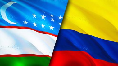 Özbekistan ve Kolombiya bayrakları. 3 boyutlu dalgalanan bayrak tasarımı. Özbekistan Kolombiya bayrağı, resim, duvar kağıdı. Özbekistan, Kolombiya 'ya karşı, görüntü 3 boyutlu. Özbekistan Kolombiya İlişkiler Birliği