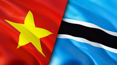 Vietnam ve Botswana bayraklarında yara izi var. Dalgalanan bayrak, 3 boyutlu görüntüleme. Vietnam ve Botswana çatışma konsepti. Vietnam Botswana ilişkileri kavramı. Vietnam bayrağı ve Botswana krizi, savaş, attac