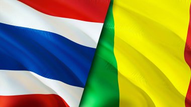 Tayland ve Mali bayrakları. 3 boyutlu dalgalanan bayrak tasarımı. Tayland Mali bayrağı, resim, duvar kağıdı. Tayland, Mali 'ye karşı, görüntü 3 boyutlu. Tayland Mali ilişkileri ittifak ve ticaret, seyahat, turizm konsepti