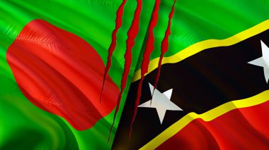 Bangladeş, Saint Kitts ve yara izi olan Nevis bayrakları. Dalgalanan bayrak, 3 boyutlu görüntüleme. Bangladeş, Saint Kitts ve Nevis çatışma konsepti. Bangladeş Saint Kitts ve Nevis ilişkileri kavramı