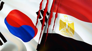 Güney Kore ve Mısır bayraklarında yara izi var. Dalgalanan bayrak, 3 boyutlu görüntüleme. Güney Kore ve Mısır çatışma konsepti. Güney Kore Mısır ilişkileri kavramı. Güney Kore bayrağı ve Mısır krizi, savaş, attac