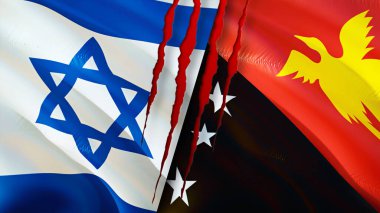 Yara izi olan İsrail ve Papua Yeni Gine bayrakları. Dalgalanan bayrak, 3 boyutlu görüntüleme. İsrail ve Papua Yeni Gine çatışma konsepti. İsrail Papua Yeni Gine ilişkileri kavramı. İsrail ve Papua Ne bayrağı