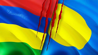 Mauritius ve Palau bayrakları yara izi konseptiyle. Dalgalanan bayrak, 3 boyutlu görüntüleme. Mauritius ve Palau çatışma konsepti. Mauritius Palau ilişkileri kavramı. Mauritius bayrağı ve Palau krizi, savaş, saldırı konsepti