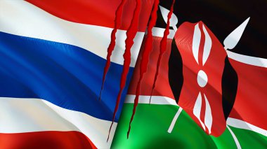 Yara izi olan Tayland ve Kenya bayrakları. Dalgalanan bayrak, 3 boyutlu görüntüleme. Tayland ve Kenya çatışma konsepti. Tayland ve Kenya ilişkileri kavramı. Tayland bayrağı ve Kenya krizi, savaş, saldırı konsepti