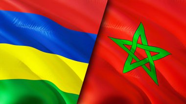 Mauritius ve Fas bayrakları. 3 boyutlu dalgalanan bayrak tasarımı. Mauritius Fas bayrağı, resim, duvar kağıdı. Mauritius, Fas 'a karşı, görüntü 3 boyutlu. Mauritius Fas ilişkileri ittifak ve ticaret, seyahat, turnuva