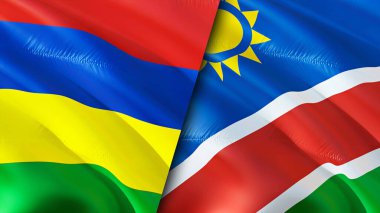 Mauritius ve Namibya bayrakları. 3 boyutlu dalgalanan bayrak tasarımı. Mauritius Namibia bayrağı, resim, duvar kağıdı. Mauritius, Namibya 'ya karşı, görüntü 3 boyutlu. Mauritius Namibya ilişkileri ittifak ve ticaret, seyahat, turnuva