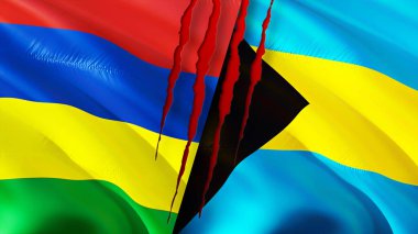 Mauritius ve Bahamalar yara izi olan bayraklar. Dalgalanan bayrak, 3 boyutlu görüntüleme. Mauritius ve Bahamalar çatışma konsepti. Mauritius Bahama ilişkileri kavramı. Mauritius bayrağı ve Bahamalar krizi, savaş, attac
