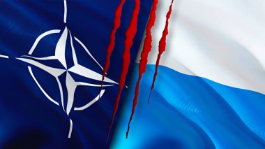 Yara izi olan NATO ve San Marino bayrakları. Dalgalanan bayrak, 3 boyutlu görüntüleme. San Marino ve NATO çatışma konsepti. NATO San Marino ilişkileri kavramı. NATO ve San Marino bayrağı krizi, savaş, saldırı konsepti