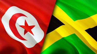 Tunus ve Jamaika bayrakları. 3 boyutlu dalgalanan bayrak tasarımı. Tunus Jamaika bayrağı, resim, duvar kağıdı. Tunus, Jamaika 'ya karşı, görüntü 3D. Tunus Jamaika ilişkileri ittifak ve ticaret, seyahat, turizm konsepti