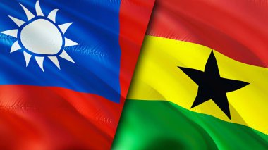 Tayvan ve Gana bayrakları. 3 boyutlu dalgalanan bayrak tasarımı. Tayvan Gana bayrağı, resim, duvar kağıdı. Tayvan, Gana 'ya karşı, görüntü 3 boyutlu. Tayvan Gana ilişkileri ittifak ve ticaret, seyahat, turizm konsepti