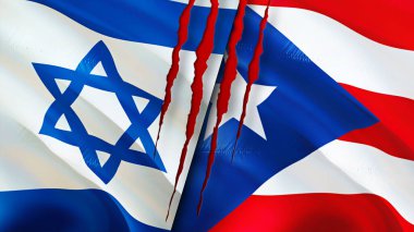 İsrail ve Porto Riko bayraklarında yara izi var. Dalgalanan bayrak, 3 boyutlu görüntüleme. İsrail ve Porto Riko çatışma konsepti. İsrail Porto Riko ilişkileri kavramı. İsrail bayrağı ve Porto Riko krizi, savaş