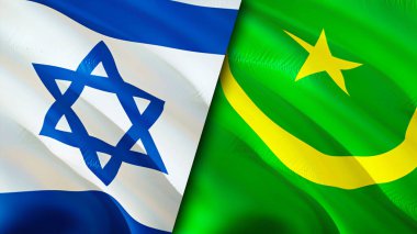 İsrail ve Moritanya bayrakları. 3 boyutlu dalgalanan bayrak tasarımı. İsrail Moritanya bayrağı, resim, duvar kağıdı. İsrail Moritanya 'ya karşı, görüntü 3 boyutlu. İsrail Moritanya ilişkileri ittifak ve ticaret, seyahat, turnuva