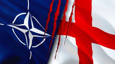 Yara izi olan NATO ve İngiltere bayrakları. Dalgalanan bayrak, 3 boyutlu görüntüleme. İngiltere ve NATO çatışma konsepti. NATO İngiltere ilişkileri kavramı. NATO ve İngiltere bayrağı krizi, savaş, saldırı konsepti