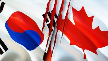 Güney Kore ve Kanada yara izi kavramına sahip bayraklar. Dalgalanan bayrak, 3 boyutlu görüntüleme. Güney Kore ve Kanada çatışma konsepti. Güney Kore Kanada ilişkileri kavramı. Güney Kore ve Kanada bayrağı krizi, savaş