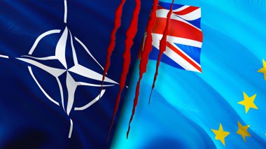 Yara izi olan NATO ve Tuvalu bayrakları. Dalgalanan bayrak, 3 boyutlu görüntüleme. Tuvalu ve NATO çatışma konsepti. NATO Tuvalu ilişkileri kavramı. NATO ve Tuvalu krizi bayrağı, savaş, saldırı konsepti