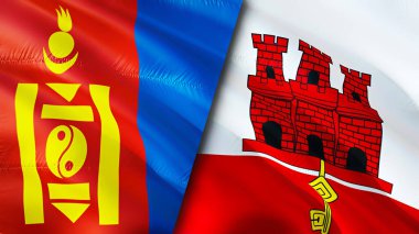 Moğolistan ve Gibraltar bayrakları. 3 boyutlu dalgalanan bayrak tasarımı. Moğolistan Cebelitarık bayrağı, resim, duvar kağıdı. Moğolistan, Cebelitarık 'a karşı, görüntü 3 boyutlu. Moğolistan Cebelitarık ilişkileri