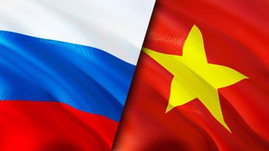Rusya ve Vietnam bayrakları. 3 boyutlu dalgalanan bayrak tasarımı. Rusya Vietnam bayrağı, resim, duvar kağıdı. Rusya, Vietnam 'a karşı, 3 boyutlu görüntüleme. Rusya Vietnam ilişkileri ittifak ve ticaret, seyahat, turizm konsepti