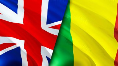 Birleşik Krallık ve Mali bayrakları. 3 boyutlu dalgalanan bayrak tasarımı. Birleşik Krallık Mali bayrağı, resim, duvar kağıdı. Birleşik Krallık, Mali imajına karşı, 3D görüntüleme. Birleşik Krallık Mali ilişkileri bir ittifak
