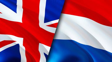 İngiltere ve Hollanda bayrakları. 3 boyutlu dalgalanan bayrak tasarımı. Birleşik Krallık bayrağı, resim, duvar kağıdı. Birleşik Krallık, Hollanda 'ya karşı, görüntü 3D. Birleşik Krallık Hollanda