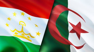Tacikistan ve Cezayir bayrakları. 3 boyutlu dalgalanan bayrak tasarımı. Tacikistan Cezayir bayrağı, resim, duvar kağıdı. Tacikistan, Cezayir imajına karşı, 3D görüntüleme. Tacikistan Cezayir ilişkileri ittifakı