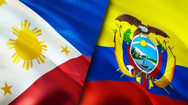 Filipinler ve Ekvador bayrakları. 3 boyutlu dalgalanan bayrak tasarımı. Filipinler Ekvador bayrağı, resim, duvar kağıdı. Filipinler Ekvador 'a karşı, görüntü 3 boyutlu. Filipinler Ekvador ilişkileri ittifakı