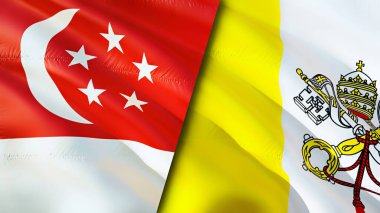 Singapur ve Vatikan bayrakları. 3 boyutlu dalgalanan bayrak tasarımı. Singapur Vatikan bayrağı, resim, duvar kağıdı. Singapur, Vatikan 'a karşı, 3 boyutlu görüntü. Singapur Vatikan ilişkileri ittifak ve ticaret, seyahat, turnuva