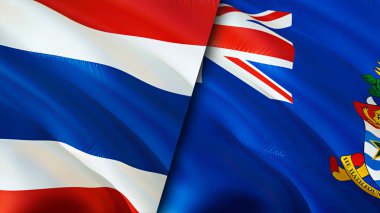 Tayland ve Cayman Adaları bayrakları. 3 boyutlu dalgalanan bayrak tasarımı. Tayland Cayman Adaları bayrağı, resim, duvar kağıdı. Tayland, Cayman Adaları 'na karşı. Görüntü 3 boyutlu. Tayland Cayman Adaları ilişkileri ittifak