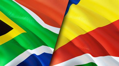 Güney Afrika ve Seyşeller bayrakları. 3 boyutlu dalgalanan bayrak tasarımı. Güney Afrika Seyşeller bayrağı, resim, duvar kağıdı. Güney Afrika, Seyşeller 'e karşı, görüntü 3D. Güney Afrika Seyşeller ilişkileri ittifak