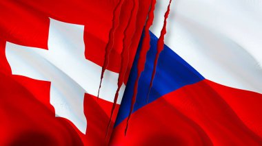 Yara izi olan İsviçre ve Çek bayrakları. Dalgalanan bayrak, 3 boyutlu görüntüleme. İsviçre ve Çek çatışma konsepti. İsviçre Çek ilişkileri kavramı. İsviçre bayrağı ve Çek krizi, savaş, attac