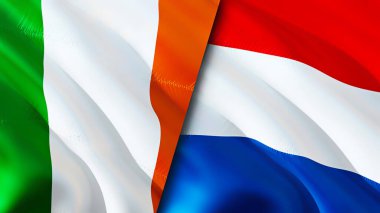İrlanda ve Hollanda bayrakları. 3 boyutlu dalgalanan bayrak tasarımı. İrlanda bayrağı, resim, duvar kağıdı. İrlanda, Hollanda 'ya karşı. Görüntü 3D. İrlanda Hollanda ilişkileri savaş ittifakı