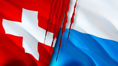 Yara izi olan İsviçre ve San Marino bayrakları. Dalgalanan bayrak, 3 boyutlu görüntüleme. İsviçre ve San Marino çatışma konsepti. İsviçre San Marino ilişkileri kavramı. İsviçre ve Sa bayrağı