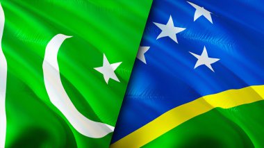 Pakistan ve Solomon Adaları bayrakları. 3 boyutlu dalgalanan bayrak tasarımı. Pakistan Solomon Adaları bayrağı, resim, duvar kağıdı. Pakistan, Solomon Adaları 'na karşı. Görüntü 3 boyutlu. Pakistan Solomon Adaları ilişkisi