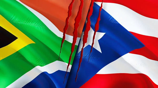 South Africa and Puerto Rico flags with scar concept. Waving flag,3D rendering. South Africa and Puerto Rico conflict concept. South Africa Puerto Rico relations concept. flag of South Africa an