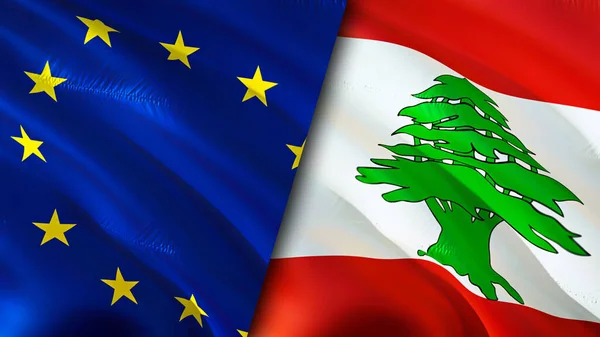 European Union and Lebanon flags. 3D Waving flag design. European Union Lebanon flag, picture, wallpaper. European Union vs Lebanon image,3D rendering. European Union Lebanon relations alliance an