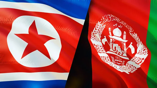 North Korea and Afghanistan flags. 3D Waving flag design. North Korea Afghanistan flag, picture, wallpaper. North Korea vs Afghanistan image,3D rendering. North Korea Afghanistan relations allianc