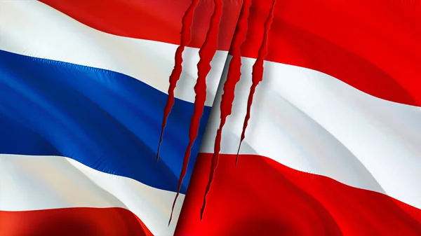 Thailand and Austria flags with scar concept. Waving flag,3D rendering. Thailand and Austria conflict concept. Thailand Austria relations concept. flag of Thailand and Austria crisis,war, attac