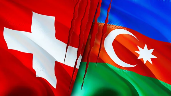 Switzerland and Azerbaijan flags with scar concept. Waving flag,3D rendering. Switzerland and Azerbaijan conflict concept. Switzerland Azerbaijan relations concept. flag of Switzerland an