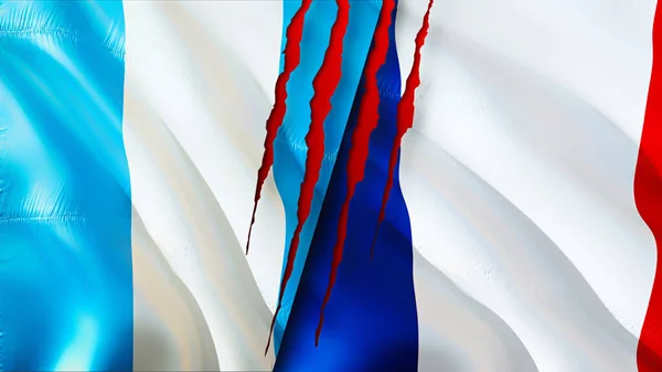 危地马拉和法国的国旗上有疤痕的概念 波浪旗3D渲染 危地马拉和法国冲突概念 危地马拉 法国关系概念 危地马拉和法国国旗危机 战争C — 图库照片